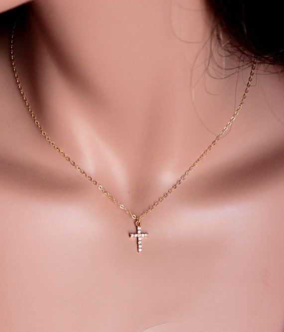 Gold Cross Necklace Women Small Gold Filled Crystal Crosses Pendant Girls Womens Minimalist Necklaces Delicate Chain