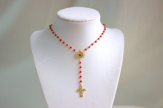 Seven Sorrows of Mary Gold Rosary Necklace Red Crystal Sterling Silver Swords Cross Religious Catholic Gift Adjustable Length