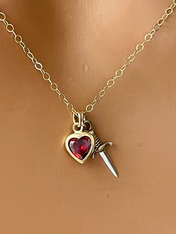Gold heart dagger charm necklace for women girls, small, red CZ heart  double charm necklaces dainty small sterling silver, 14k gold filled