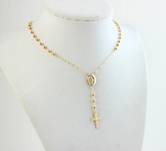 Gold Rosary Necklace Women Gold Filled Sterling Silver Confirmation Gift Spiritual Jewelry Christian Cross Lariat