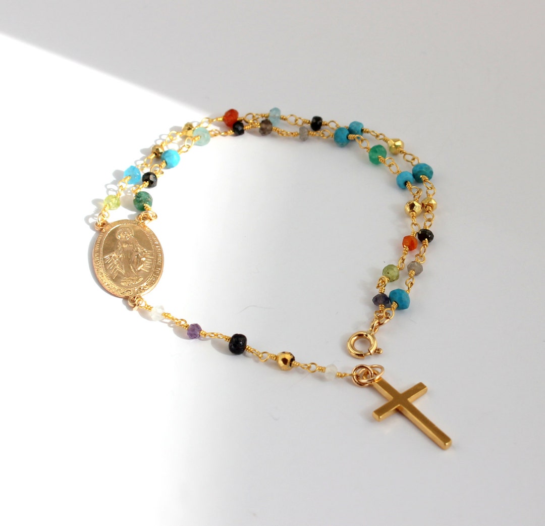 Rosary Bracelet Multi Color Gemstones Large Miraculous Medallion Gold ...