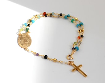 Rosary Bracelet Multi Color Gemstones  Large Miraculous Medallion Gold Filled Women Men Custom Bracelets Rosaries Jewelry
