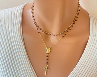 Gold rosary necklace for women Red Garnet rosaries Saint Michael rosary, necklace, sword necklaces, strand 14K gold filled rosary gift, mom