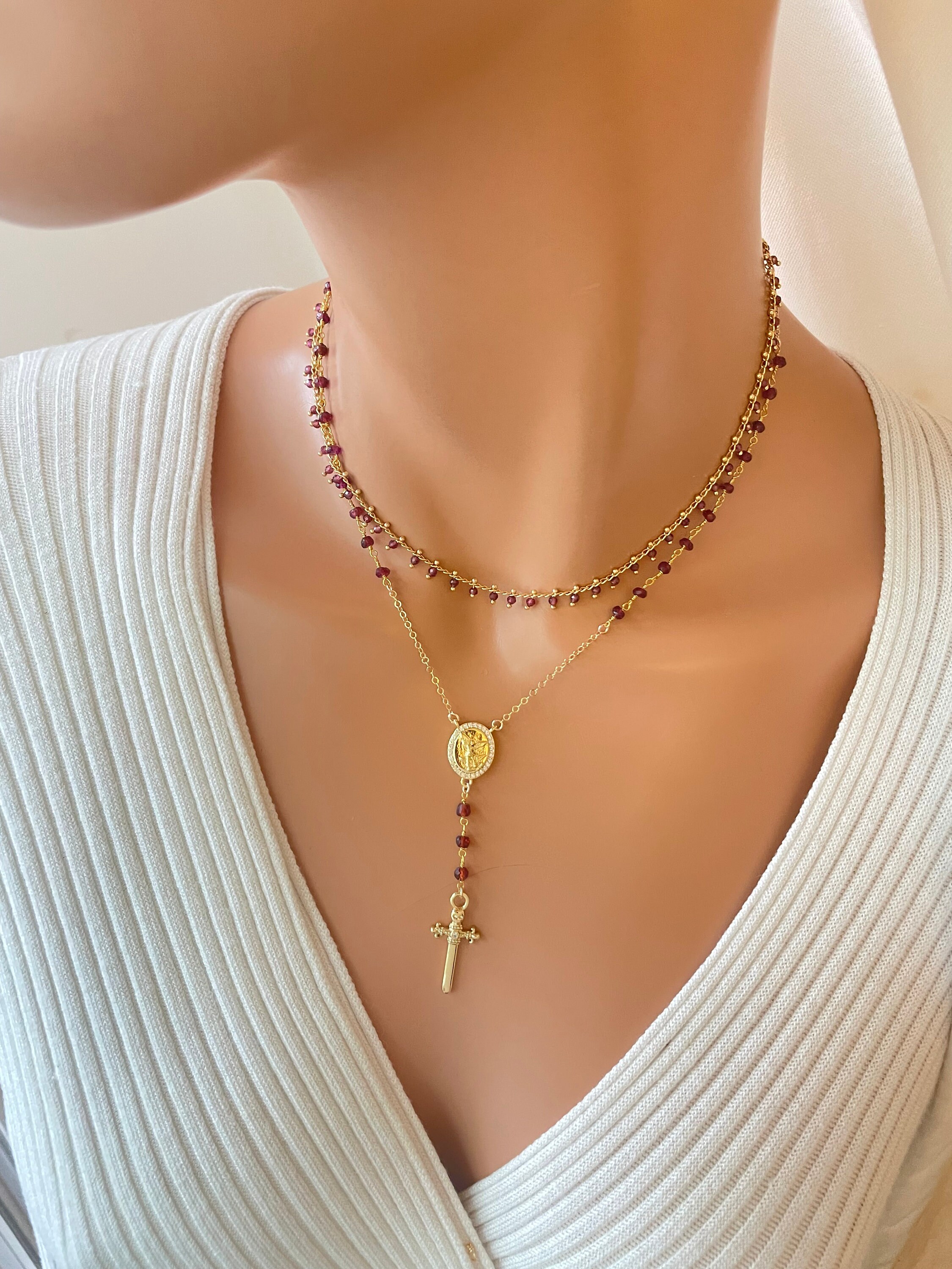 【ソフィア・リッチー愛用】Mini Saints Necklace, Gold Vermeil Gold Rosary Necklace for Women Red Garnet Rosaries Saint