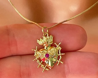 Gold Seven Swords of MARY Necklace Flaming Sacred Heart Charm Box Chain Catholic Religious Jewelry Gift for Mom
