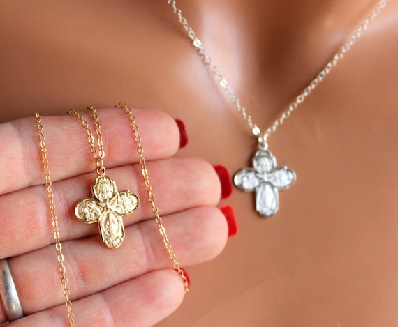 Gold Four Way Cross Necklace Women Sterling Silver Fourway Cross Charm Neckalce Sacred Heart Cross Cruciform Religious Catholic Jewelry Gift