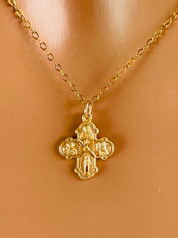 Tiny gold four-way cross charm necklace, miraculous Jesus  sterling silver gold filled religious jewelry, small gold cross necklace gift