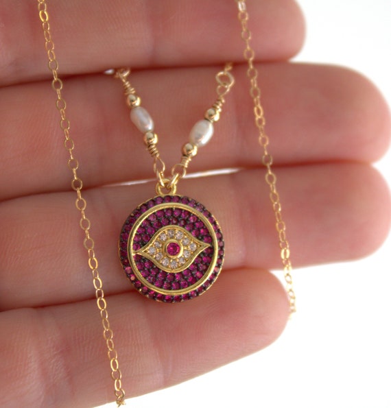 Gold Evil Eye Pendant Necklace Ruby Red Crystals Gold Filled Eye Charm Necklaces Unique Jewelry Women Gift