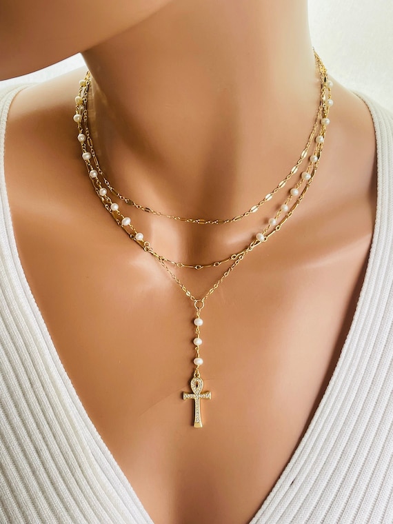 Gold Ankh Necklace Women Pearl Necklace Double Choker Multi Strand Necklaces Egyptian Jewelry READ DESCRIPTION