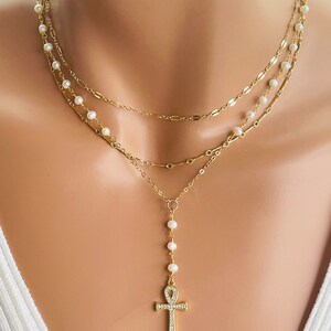 Gold Ankh Necklace Women Pearl Necklace Double Choker Multi Strand Necklaces Egyptian Jewelry READ BELOW on how to order set image 7