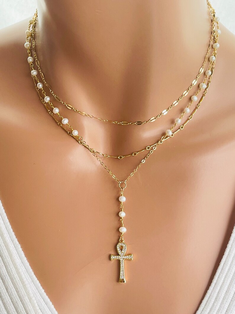 Gold Ankh Necklace Women Pearl Necklace Double Choker Multi Strand Necklaces Egyptian Jewelry READ BELOW on how to order set image 7