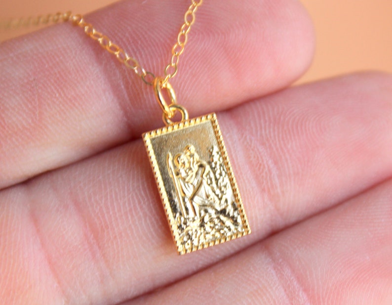 Gold St Christopher Necklace Ladies Rectangle Charm Girls Rosegold Sterling Silver Patron Medal Protection Catholic Jewelry Rectangle Gift