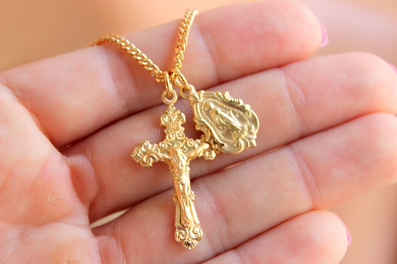 BEST SELLER Sterling Silver Crucifix Cross Pendant Miraculous Medal Double Pendant Necklaces Gold Men Women Unisex Superb Quality Jewelry