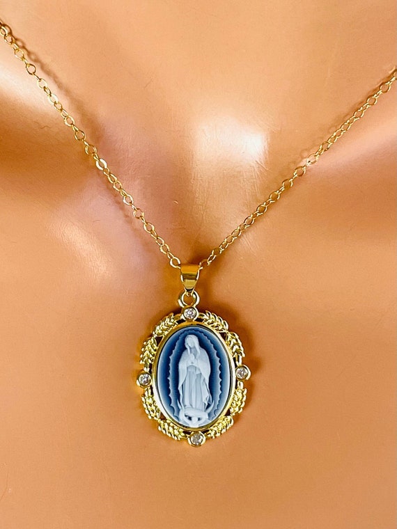 SALE Gold Mary cameo necklace pendant necklace 14k gold filled necklaces religious catholic gift large pendant jewelry women mom