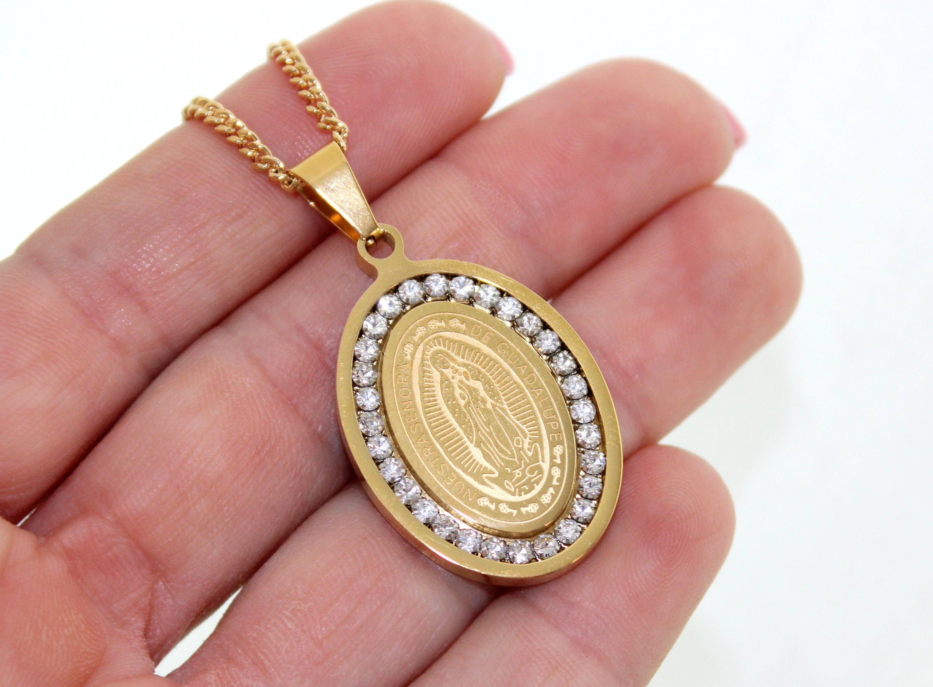 Our Lady of Guadalupe Pendant Necklace Mens Gold Stainless Steel Virgin ...