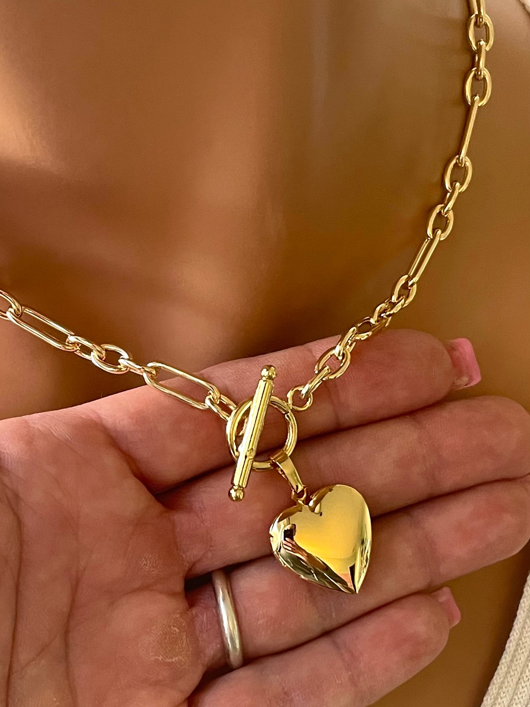 14K Gold Filled Heart Locket Choker Necklace: Toggle Clasp Thick