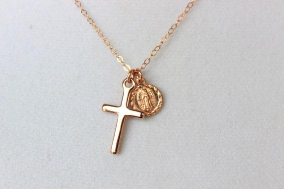 BEST SELLER  Our Lady of Guadalupe Charm Necklace Women Rose Gold Silver Cross Double Pendant Necklaces Catholic