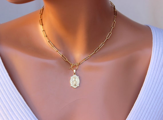 SUPERB QUALITY Gold Paper Clip Chain Necklace Virgin Mary Choker Necklaces Women Thick 14k Gold Filled Chain Ancient Coin Charm Necklace