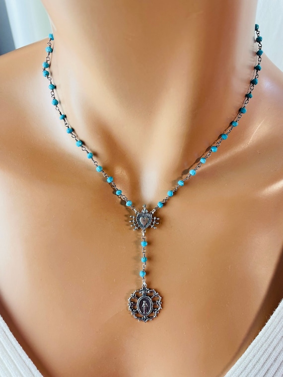 Oxidized Sterling Silver Rosary Necklace Women Sacred Heart Turquoise Seven Swords of Mary Religious Jewelry Choker Necklaces