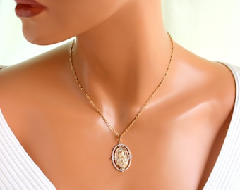BEST SELLER Gold Mary Charm Necklace Mother Necklace Women Two Tone Large Religious Charm Virgin Mary with Baby Jesus
