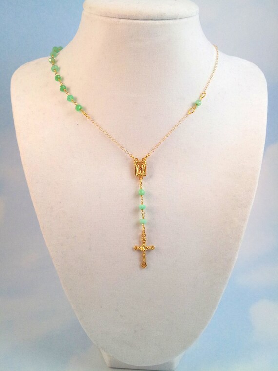 Gold Rosary necklace Women Mint Green Chrysoprase Mary Jesus | Etsy