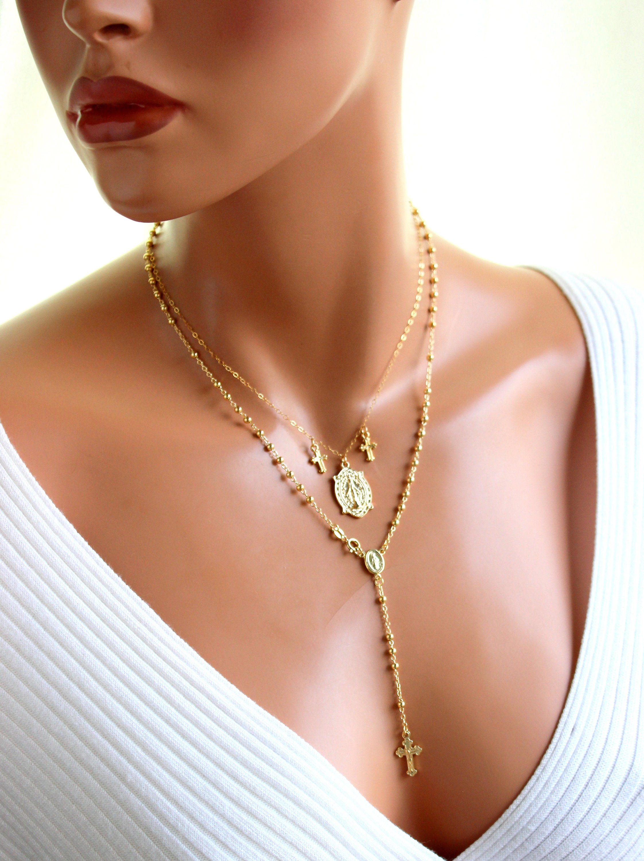 Gold Mary Pendant Cross Necklace Women Catholic Jewelry Unique