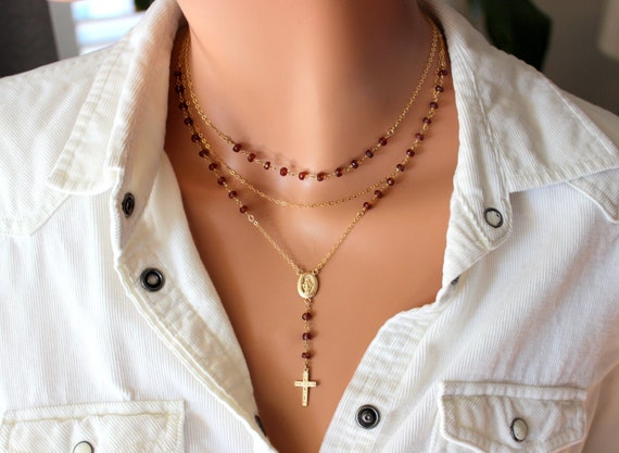 Garnet Rosary Necklace Women Gold Filled Sterling Silver Multi Strand Cross Necklaces Miraculous Medal Catholic Rosaries Gift for her