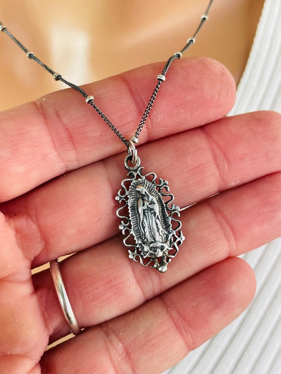 Sterling silver our lady of Guadalupe pendant necklace oxidized sterling silver satellite chain, choker necklace, women READ DESCRIPTION