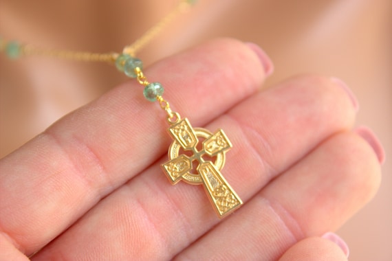 BEST SELLER Gold Rosary Necklace Green Emerald s Medium Celtic Irish Cross Necklaces Jewelry Women