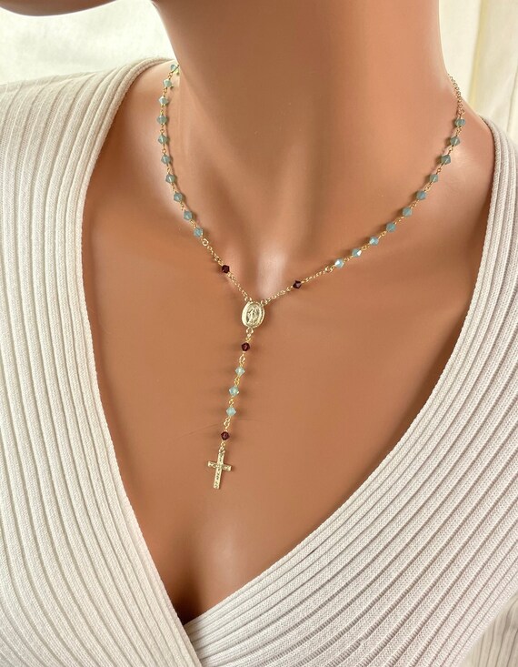 Gold Rosary choker Necklace, miraculous medal cross necklaces, Catholic rosaries, Swarovski crystals, religious and Jewelry 14k gold filled