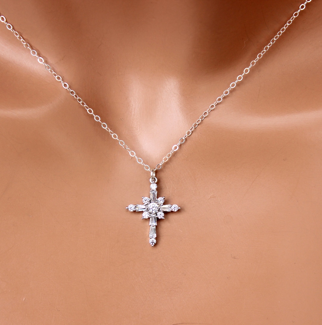 Sterling Silver Cross Necklace Women, Dainty Crystal Cross Pendant, CZ