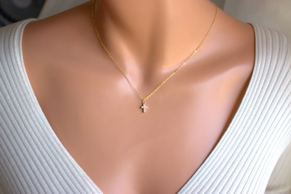 BEST SELLER Small Gold Cross Necklace Tiny Little Dainty CZ Cross Charm Necklaces Women Little Girls Christian Catholic Gift High Quality