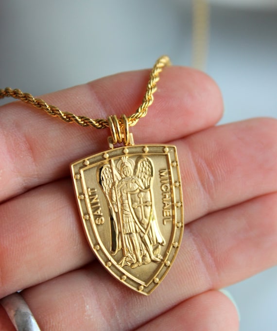 BEST SELLER Mens Gold St Michael Pendant Necklace Large Sterling Silver Michael Shield Necklace Jewelry Gift Protection Thick Rope Chain