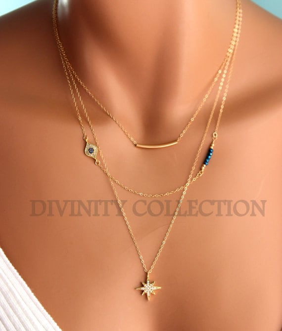 BEST SELLER Gold Evil Eye Necklace Women Multi Strand Sterling Silver Necklaces Dark Blue Star Charm Chain Set Gift