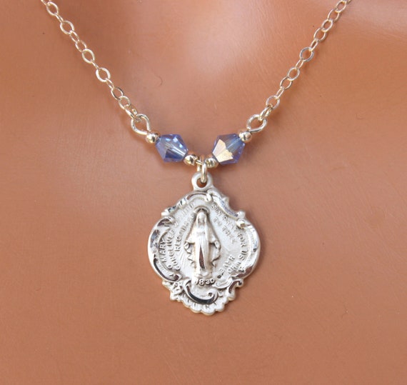 Sterling Silver Mother Mary Charm Necklace Miraculous Medal Pendant Necklaces Gold Virgin Mary Charm Necklaces Blue Crystal Gift Women