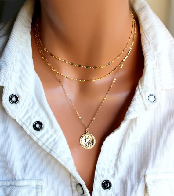 Gold Saint Christopher Necklace | Coin Necklace | Choker Chain Set | Layering Necklaces | Gold Filled Charm Necklace | Religious