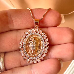 Rose Gold Our lady of Guadalupe pendant necklace, Mother Mary BOX chain CZ Large Guadalupe charm necklace gift for Mom