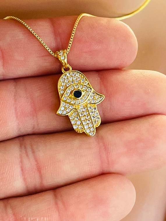 Gold Hamsa Evil Eye Necklace 14kt Gold Filled Hand Womens Girls Kabbalah Jewelry Custom Necklaces