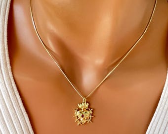 14k Gold Filled Seven Swords of MARY Pendant Necklace Flaming Sacred Heart Charm Box Chain Catholic Religious Jewelry