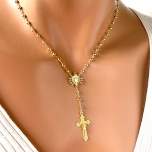 14K gold filled rosary necklace for women, catholic rosaries, lariat necklaces, Sacred Heart, crucifix, cross, charm, religious jewelry gift