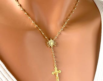 Rosario de oro: Sagrado Corazón, crucifijo, joyería religiosa de plata esterlina bañada en oro de 14 k