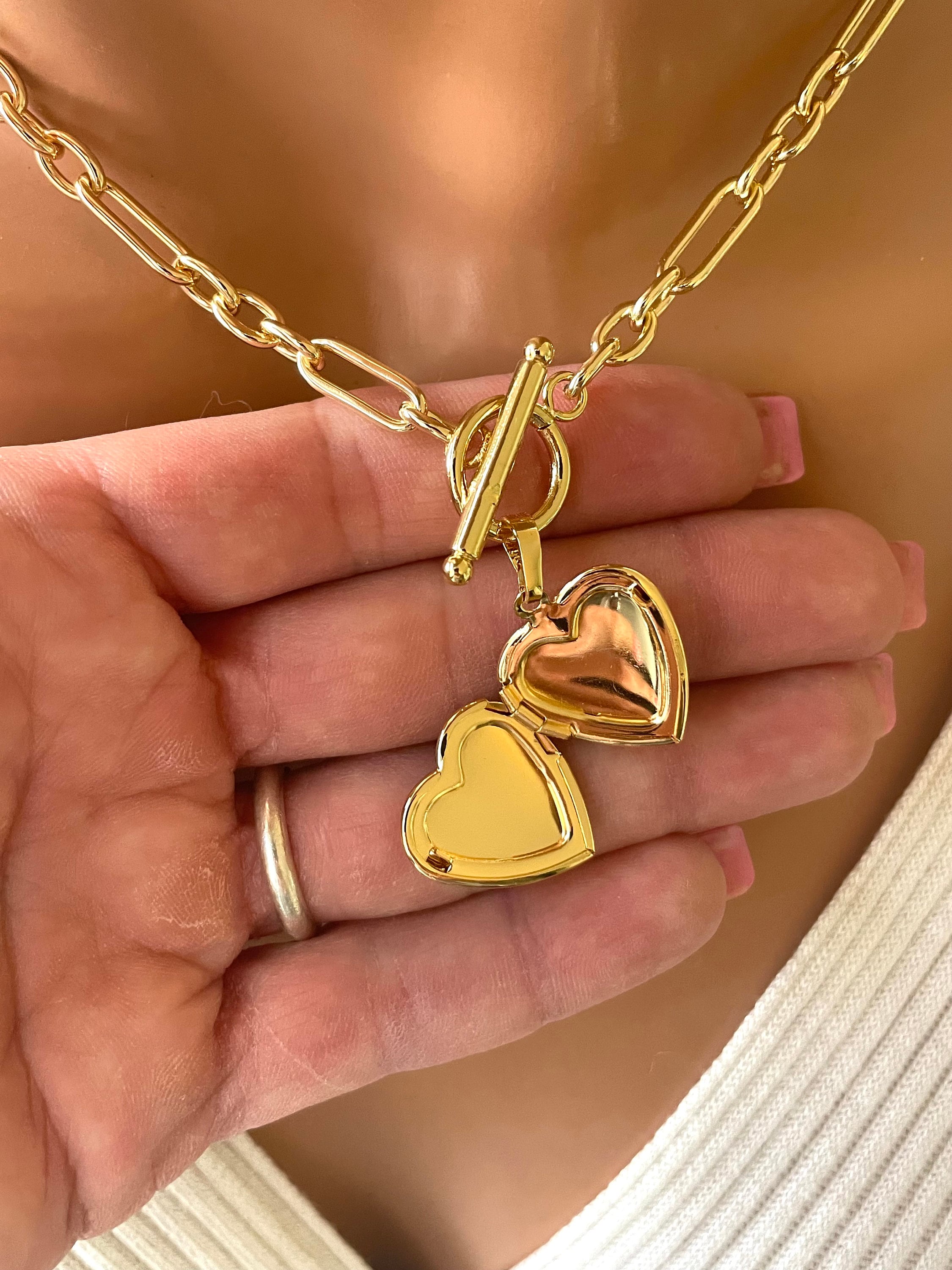 14K Gold Filled Heart Locket Choker Necklace: Toggle Clasp Thick
