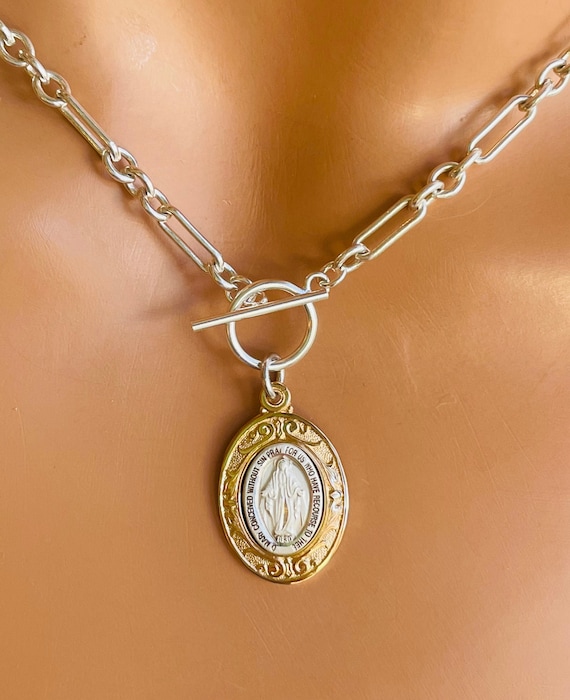 Gold Sterling Silver Virgin Mary pendant Necklace Women Miraculous Pendant Thick Chunky Chain Toggle Catholic 16” length
