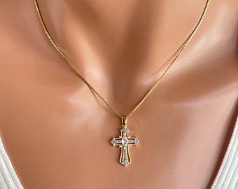 14K gold filled cross pendant necklace for women colorful cross charm, box chain Christian jewelry gift for mom ladies charm necklaces gifts