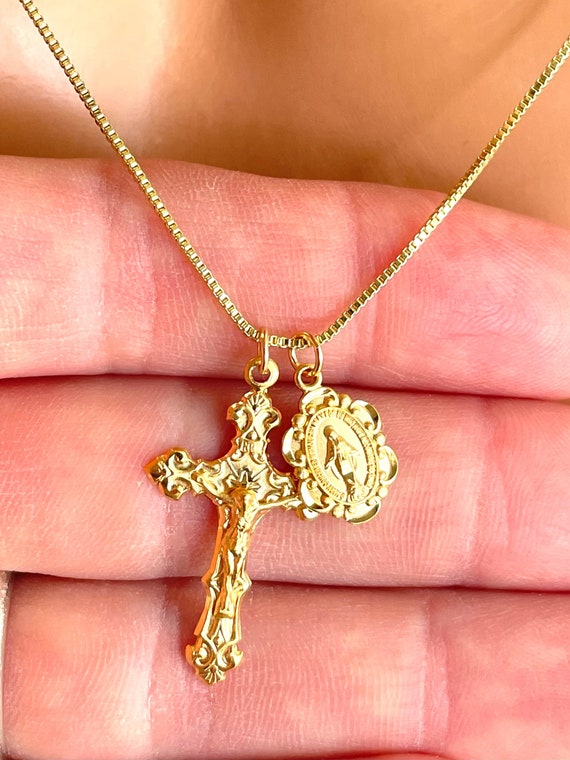 Gold crucifix necklace miraculous medal double charm necklace Sterling Silver Jesus Mary Pendant necklaces Catholic jewelry gift BOX Chain