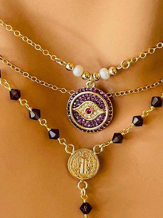 Gold filled Saint Benedict rosary necklace, Multistrand cross necklaces, evil eye choker burgundy Swarovski protection READ DESCRIPTION