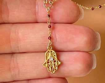 Dainty 14k Gold Filled Hamsa Necklace Petite Y Style Lariat Tiny Garnet beads Hand of Fatima Charm Jewelry Garnet, labradorite, pearls