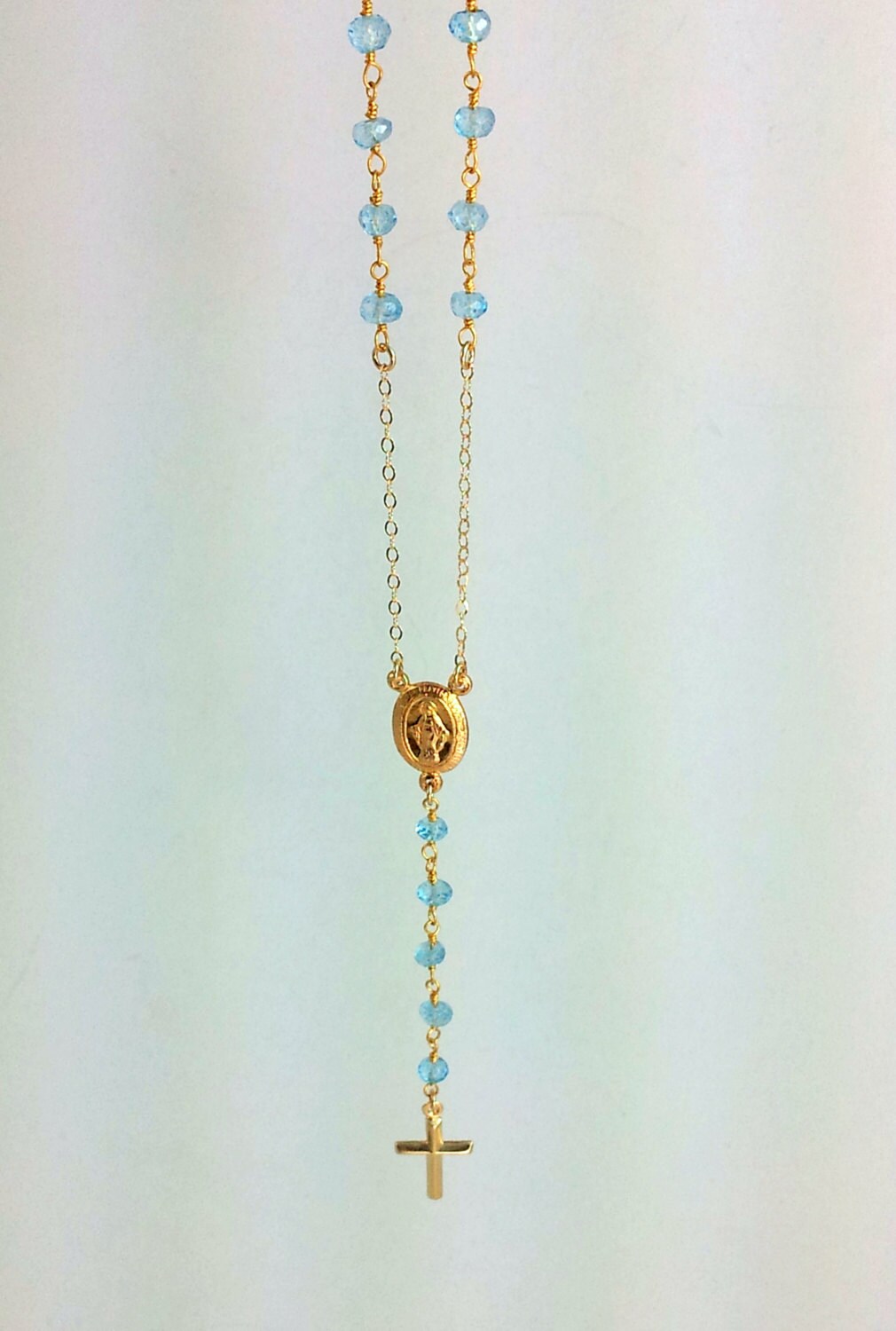 Rosary Necklace Gold Filled Blue Topaz Womens Jewelry Cross