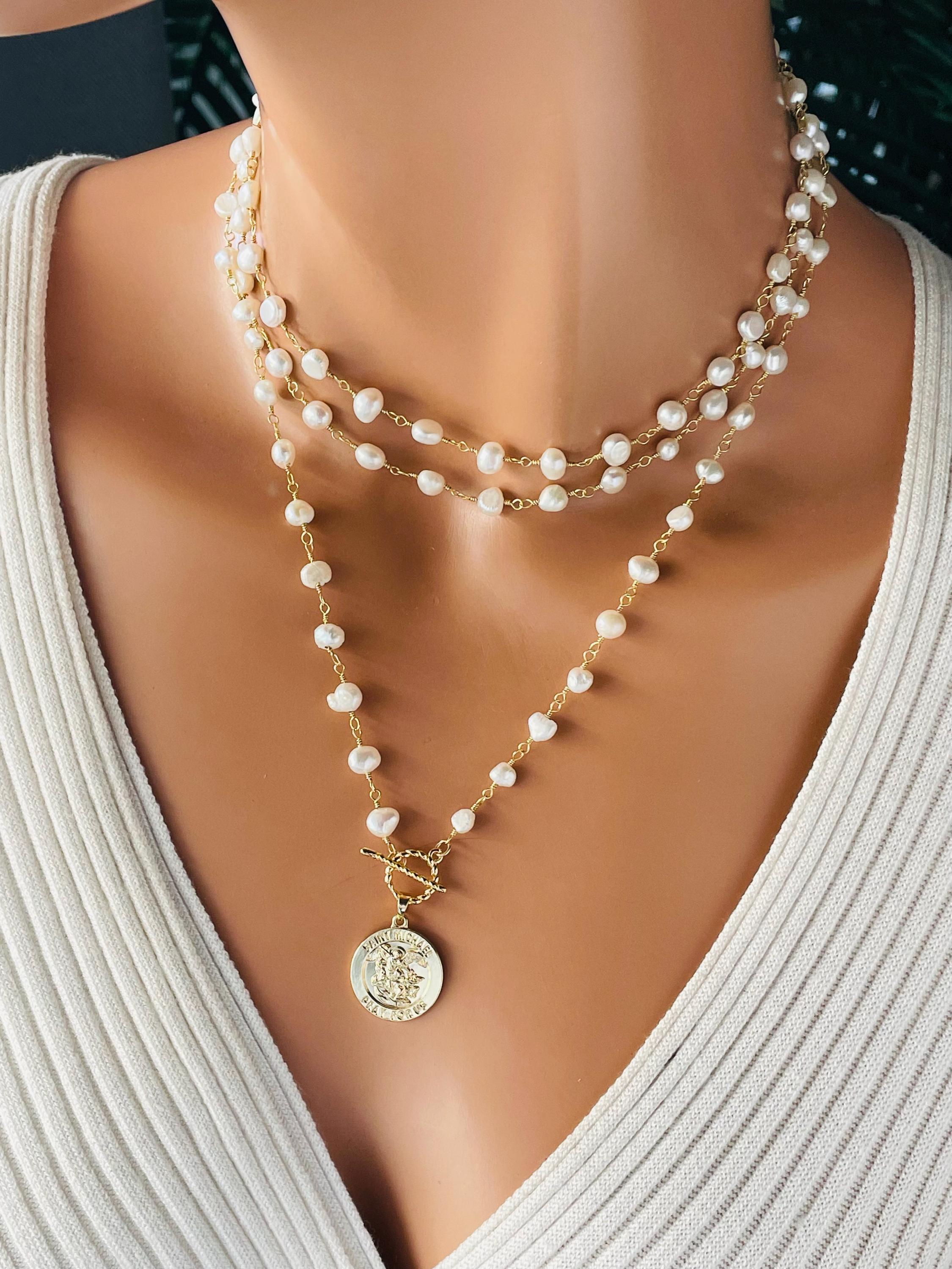 Long Pearl Necklace Gold Saint Michael Pendant Triple Strand