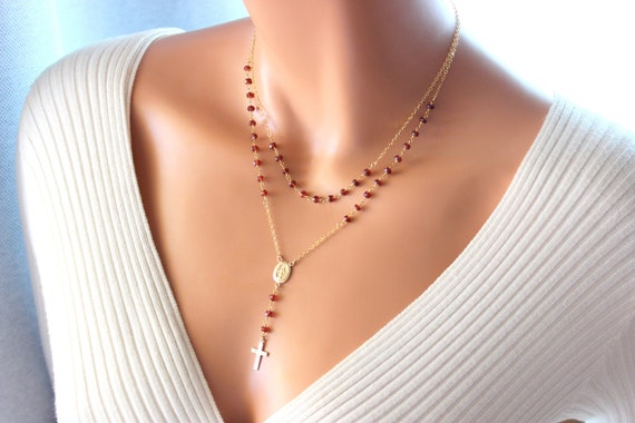 Garnet Rosary Necklace Gold Filled Sterling Silver Cross Necklaces Red Women Miraculous Medal Double Layer Multi Strand